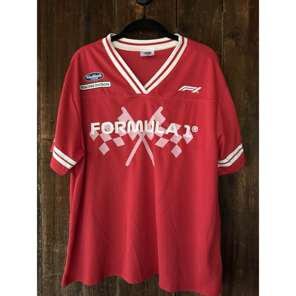 Formula 1 Racing Jersey Men XL Red V-Neck Mesh Polyester Graphic Tee F1 Logo